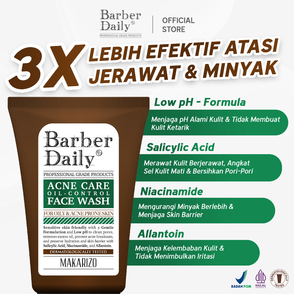 barber daily acne care and oil control face wash 100ml/pembersih wajah barber daily acne care and oil control face wash 100ml/pembersih wajah