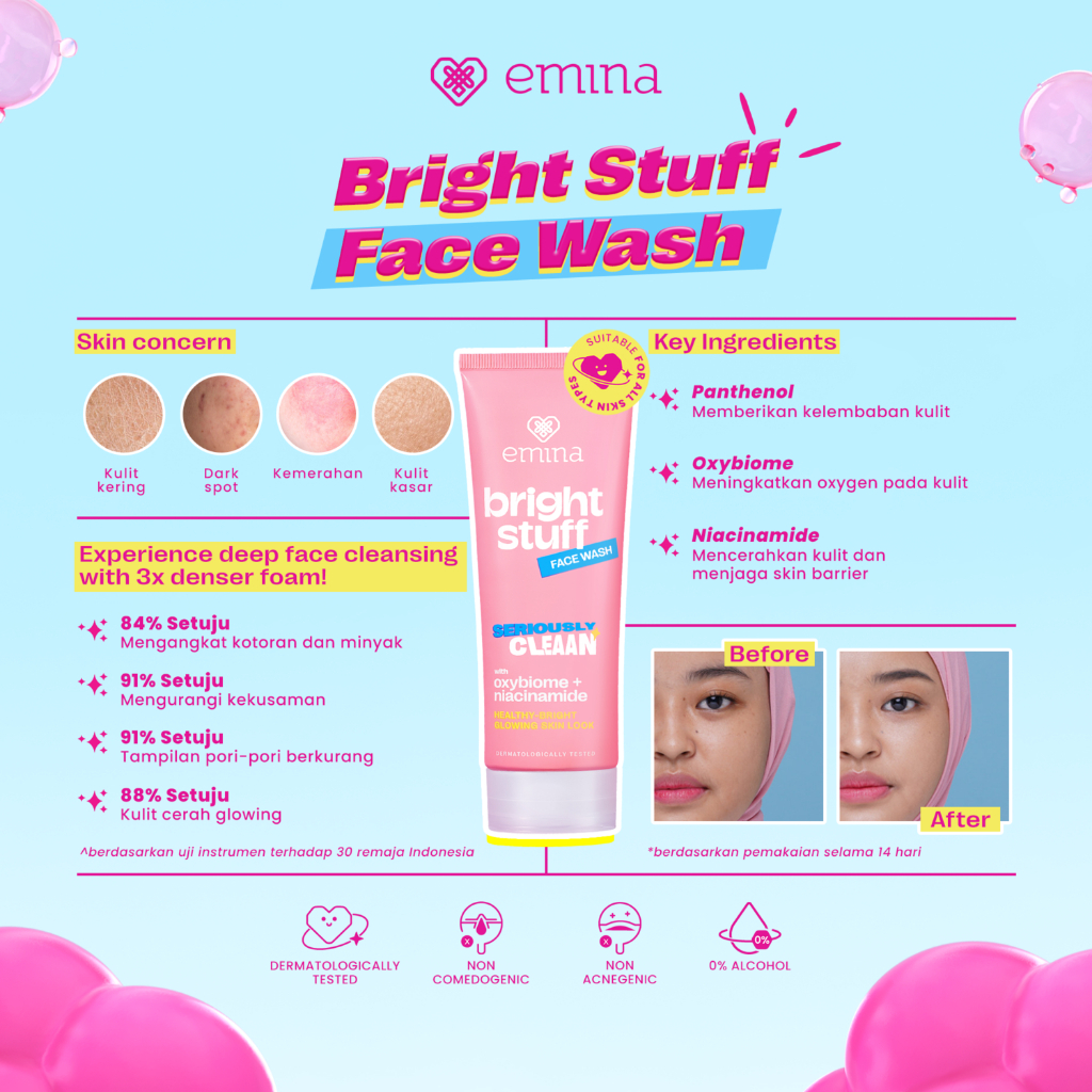 emina bright stuff niacinamide oxy ceramide brightening face wash 50ml and 100ml/pembersih wajah emina bright stuff niacinamide oxy ceramide brightening face wash 50ml and 100ml/pembersih wajah