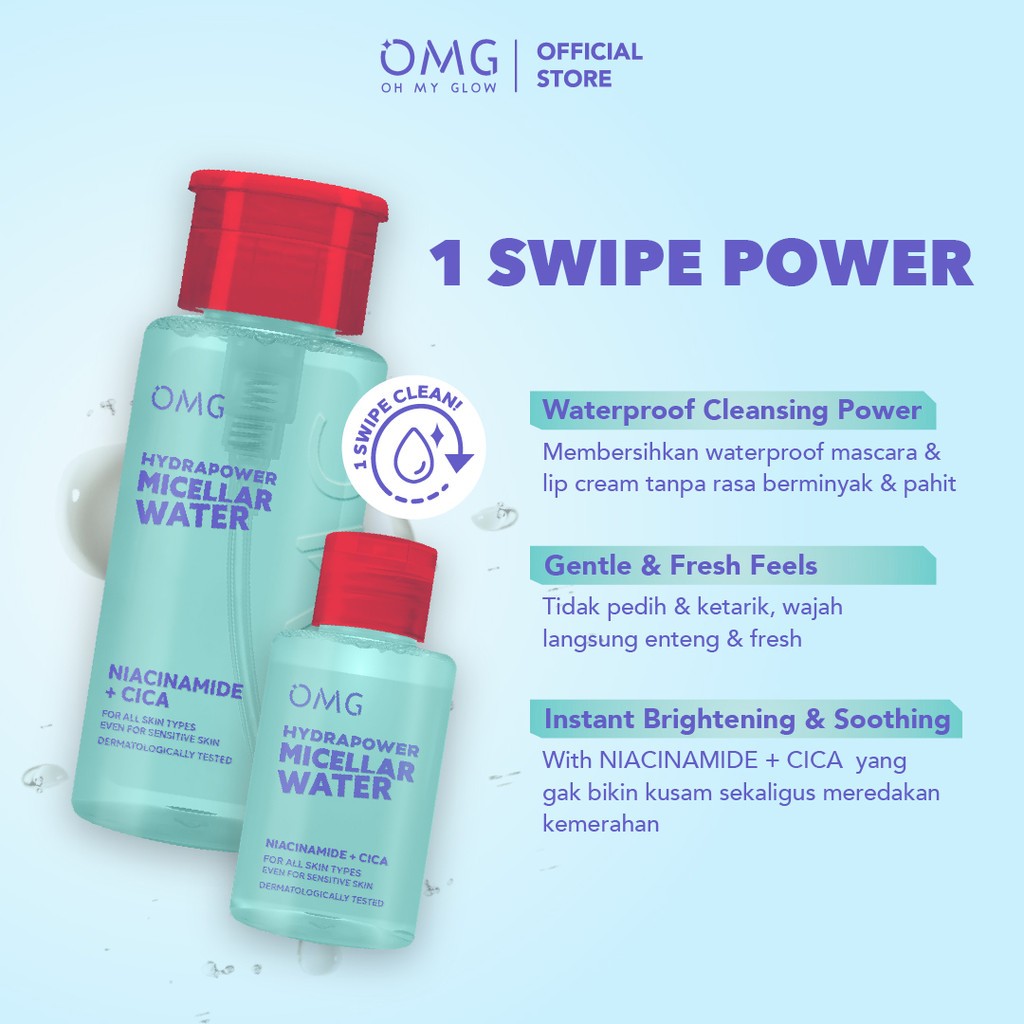 omg oh my glow hydrapower micellar water 65ml and 300ml/pembersih make up omg oh my glow hydrapower micellar water 65ml and 300ml/pembersih make up
