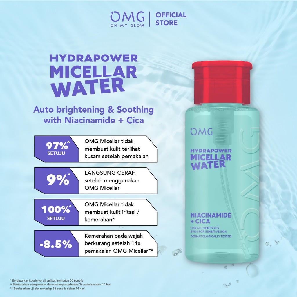 omg oh my glow hydrapower micellar water 65ml and 300ml/pembersih make up omg oh my glow hydrapower micellar water 65ml and 300ml/pembersih make up