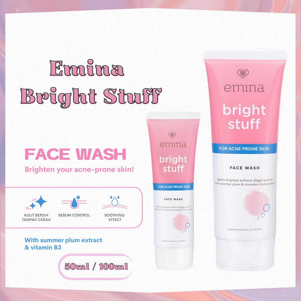 emina bright stuff prebiotic tranexamic acid brightening face wash 50ml and 100ml/pembersih wajah emina bright stuff prebiotic tranexamic acid brightening face wash 50ml and 100ml/pembersih wajah