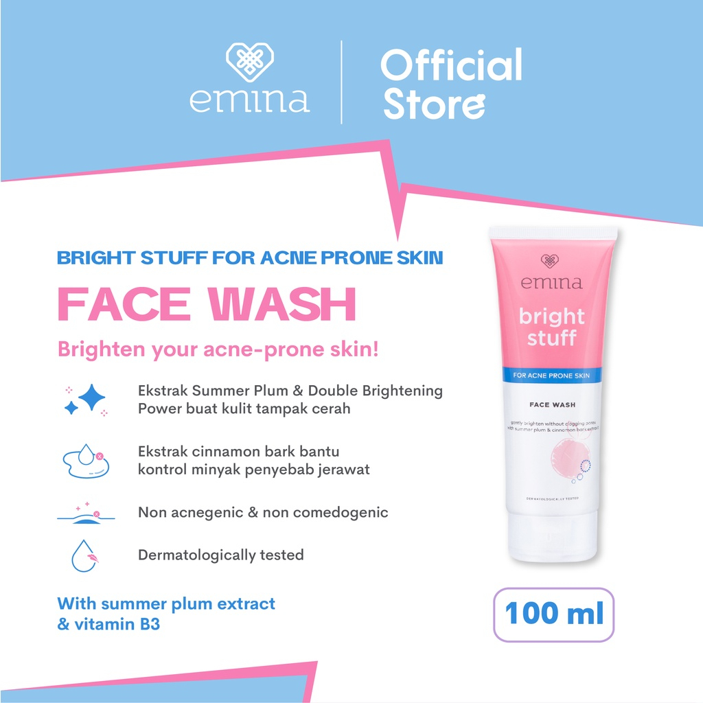 emina bright stuff prebiotic tranexamic acid brightening face wash 50ml and 100ml/pembersih wajah emina bright stuff prebiotic tranexamic acid brightening face wash 50ml and 100ml/pembersih wajah