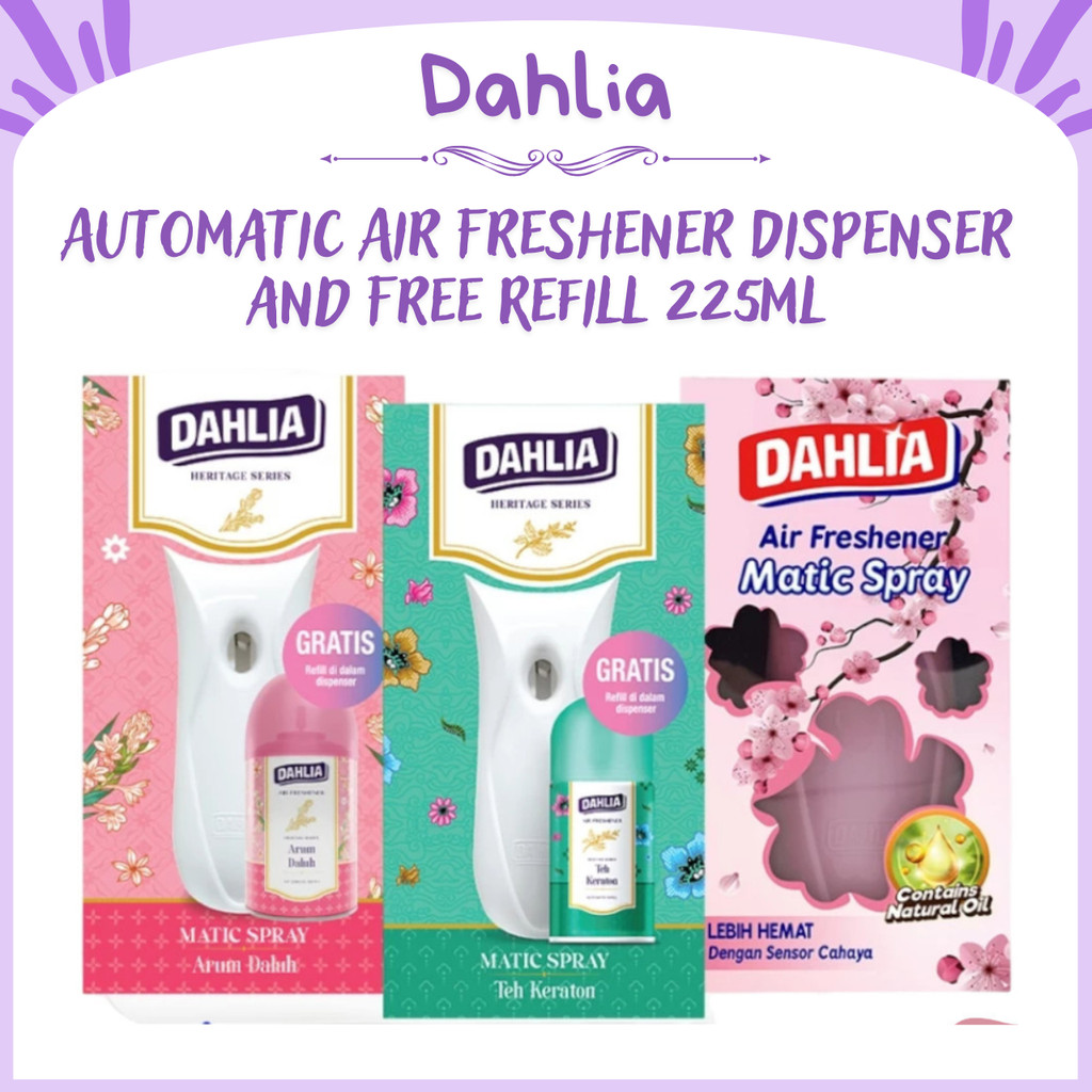 dahlia automatic air freshener dispenser and free refill 225ml/pengharum ruangan dahlia automatic air freshener dispenser and free refill 225ml/pengharum ruangan