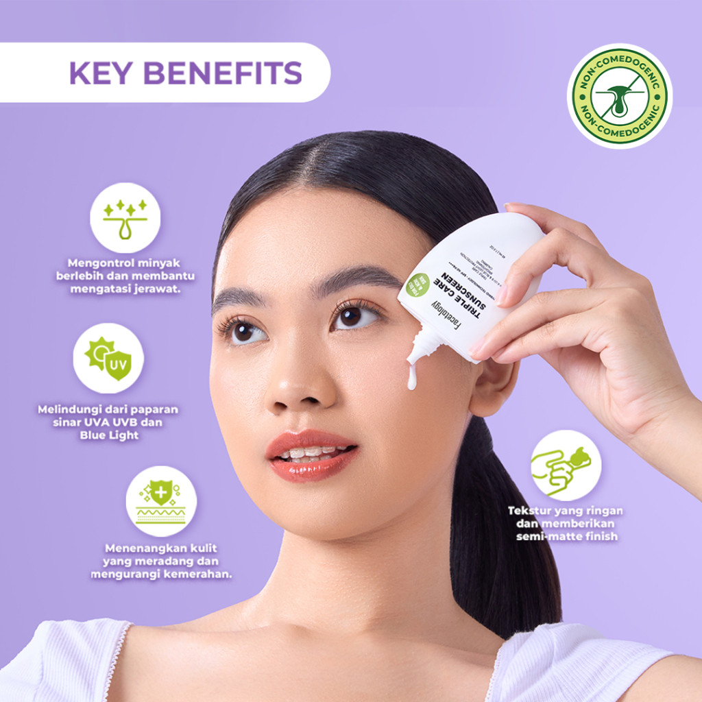 facetology triple care sunscreen for acne and oily skin spf 40 pa+++ 40ml and 100ml/tabir surya facetology triple care sunscreen for acne and oily skin spf 40 pa+++ 40ml and 100ml/tabir surya