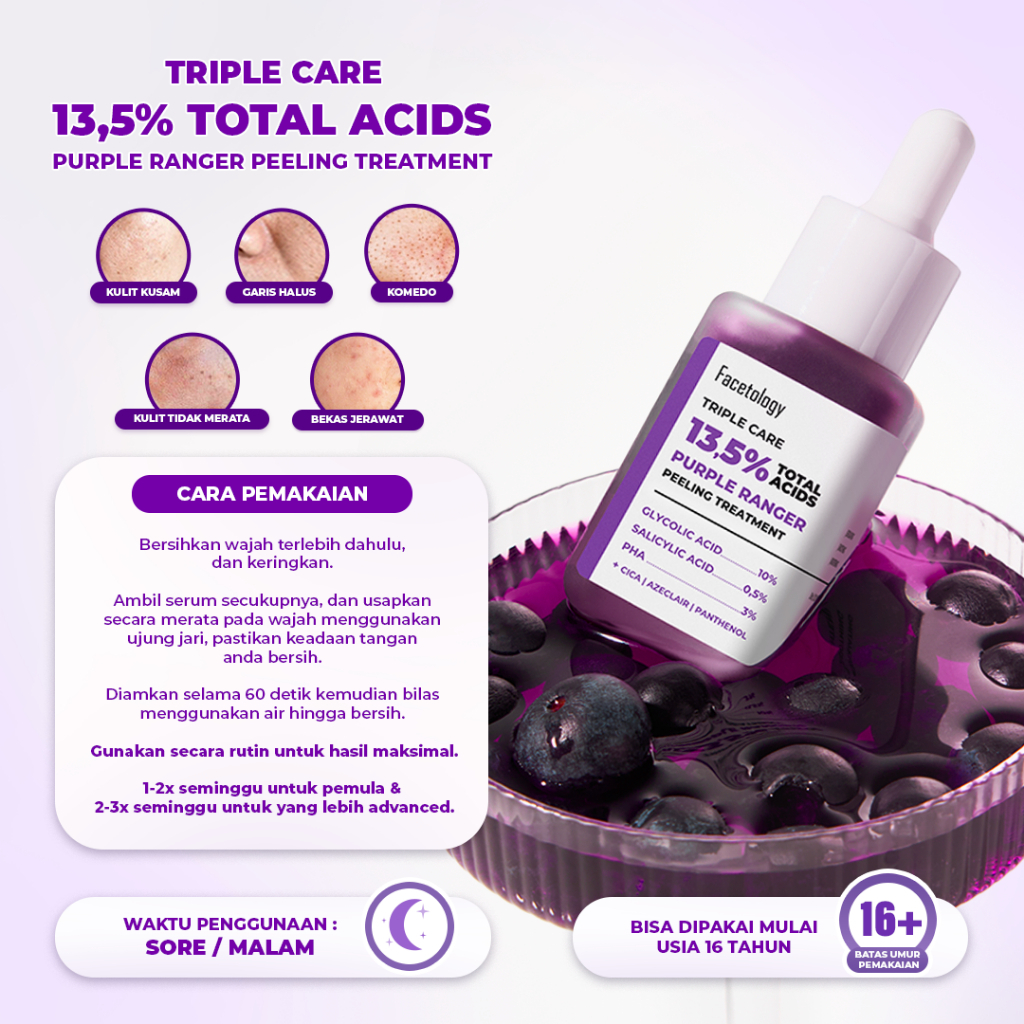 facetology triple care 13.5% total acids purple ranger peeling treatment serum 20ml/serum wajah facetology triple care 13.5% total acids purple ranger peeling treatment serum 20ml/serum wajah