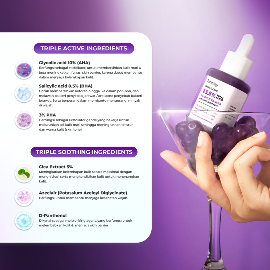 facetology triple care 13.5% total acids purple ranger peeling treatment serum 20ml/serum wajah facetology triple care 13.5% total acids purple ranger peeling treatment serum 20ml/serum wajah