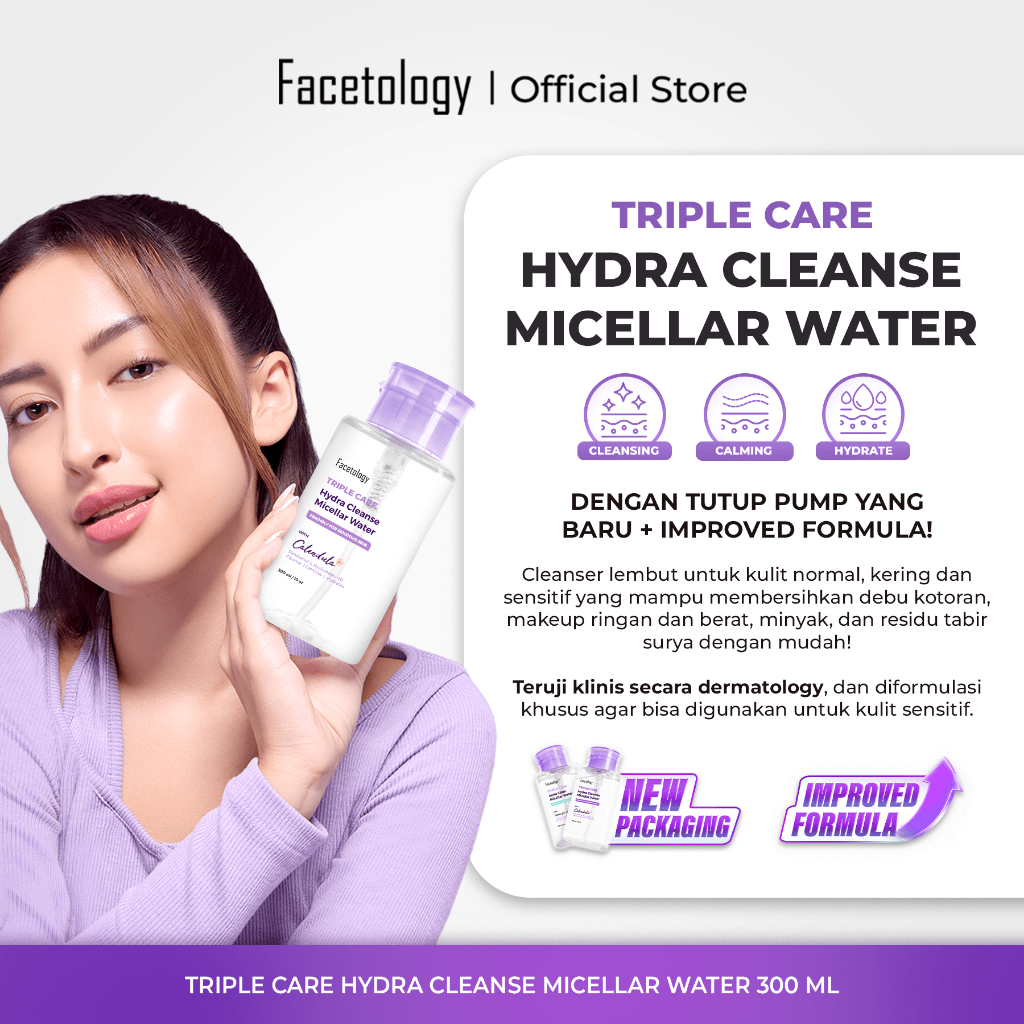 facetology triple care hydra cleanse micellar water 100ml and 300ml/pembersih make up facetology triple care hydra cleanse micellar water 100ml and 300ml/pembersih make up