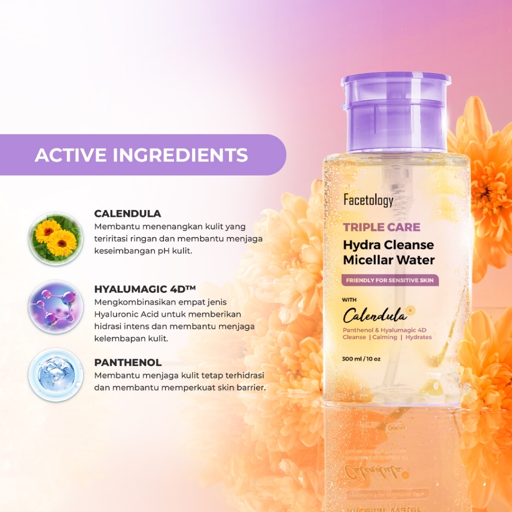 facetology triple care hydra cleanse micellar water 100ml and 300ml/pembersih make up facetology triple care hydra cleanse micellar water 100ml and 300ml/pembersih make up