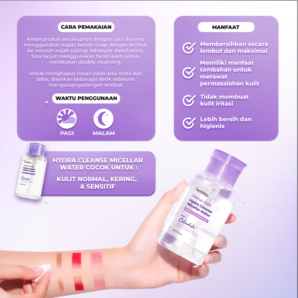facetology triple care hydra cleanse micellar water 100ml and 300ml/pembersih make up facetology triple care hydra cleanse micellar water 100ml and 300ml/pembersih make up