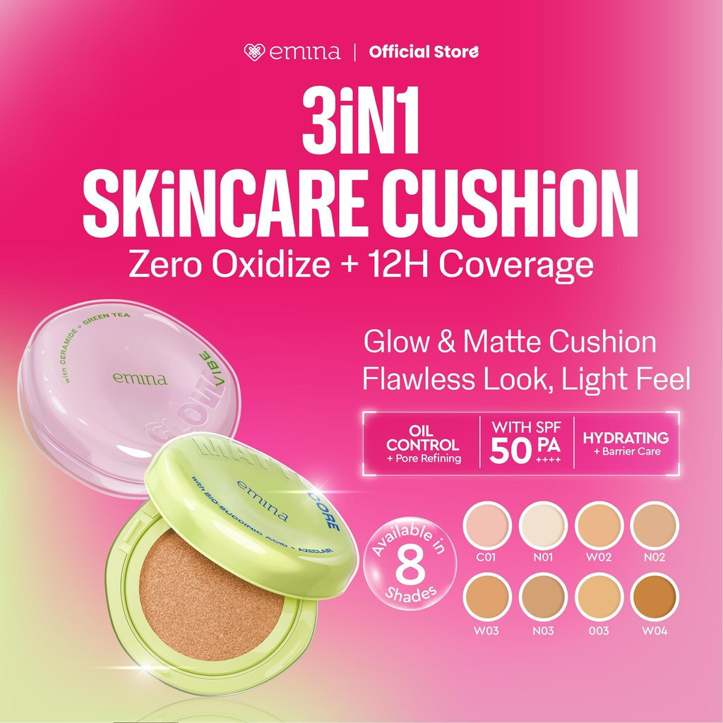emina glow and matte 3in1 skincare cushion spf 50 pa++++ 13g/alas bedak emina glow and matte 3in1 skincare cushion spf 50 pa++++ 13g/alas bedak