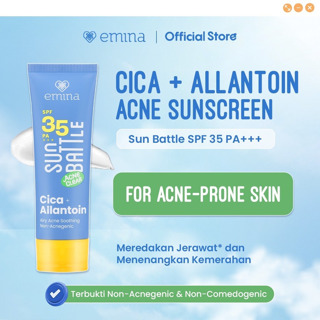 emina sun battle acne clear cica allantoin airy soothing sunscreen spf 35 pa+++ 50ml/tabir surya emina sun battle acne clear cica allantoin airy soothing sunscreen spf 35 pa+++ 50ml/tabir surya