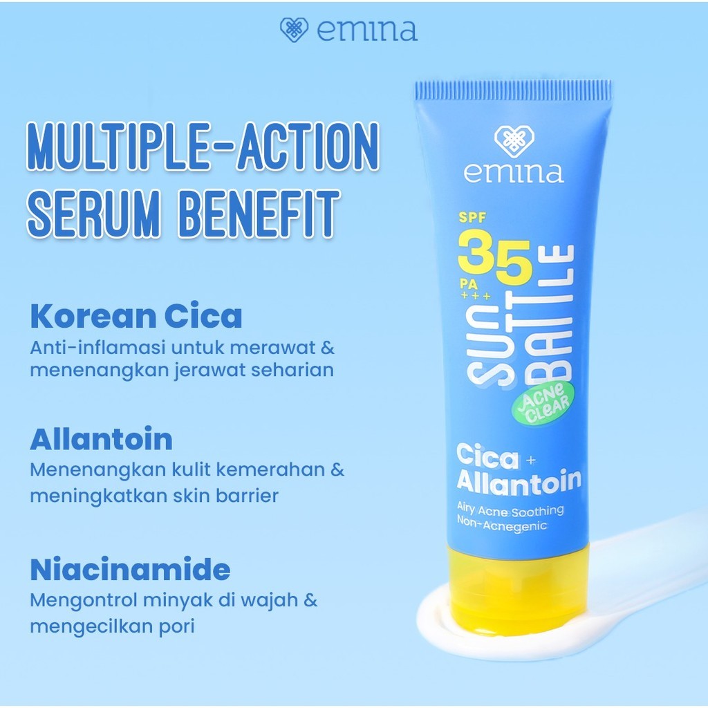 emina sun battle acne clear cica allantoin airy soothing sunscreen spf 35 pa+++ 50ml/tabir surya emina sun battle acne clear cica allantoin airy soothing sunscreen spf 35 pa+++ 50ml/tabir surya