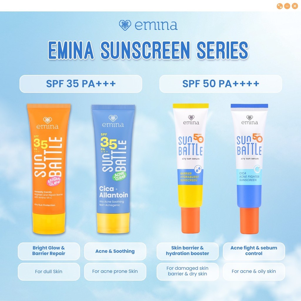 emina sun battle acne clear cica allantoin airy soothing sunscreen spf 35 pa+++ 50ml/tabir surya emina sun battle acne clear cica allantoin airy soothing sunscreen spf 35 pa+++ 50ml/tabir surya