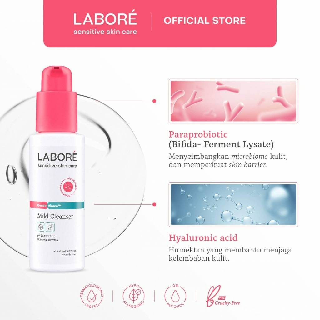 labore sensitive skincare gentle biome mild cleanser 15ml & 100ml & 225ml/pembersih wajah labore sensitive skincare gentle biome mild cleanser 15ml & 100ml & 225ml/pembersih wajah