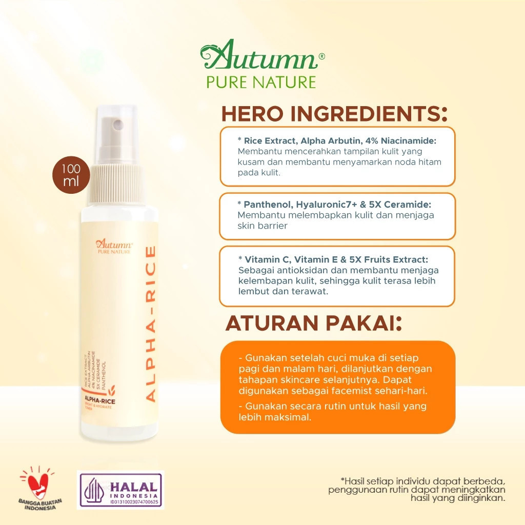 autumn alpha rice bright hydrate toner 100ml and 500ml/toner wajah autumn alpha rice bright hydrate toner 100ml and 500ml/toner wajah