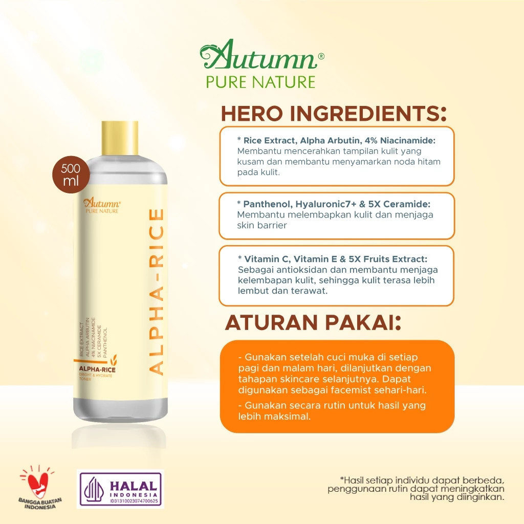 autumn alpha rice bright hydrate toner 100ml and 500ml/toner wajah autumn alpha rice bright hydrate toner 100ml and 500ml/toner wajah