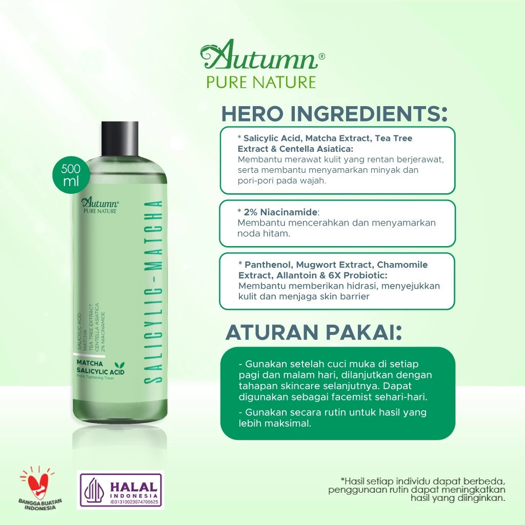 autumn salicylic matcha pore tightening toner 100ml and 500ml/toner wajah autumn salicylic matcha pore tightening toner 100ml and 500ml/toner wajah