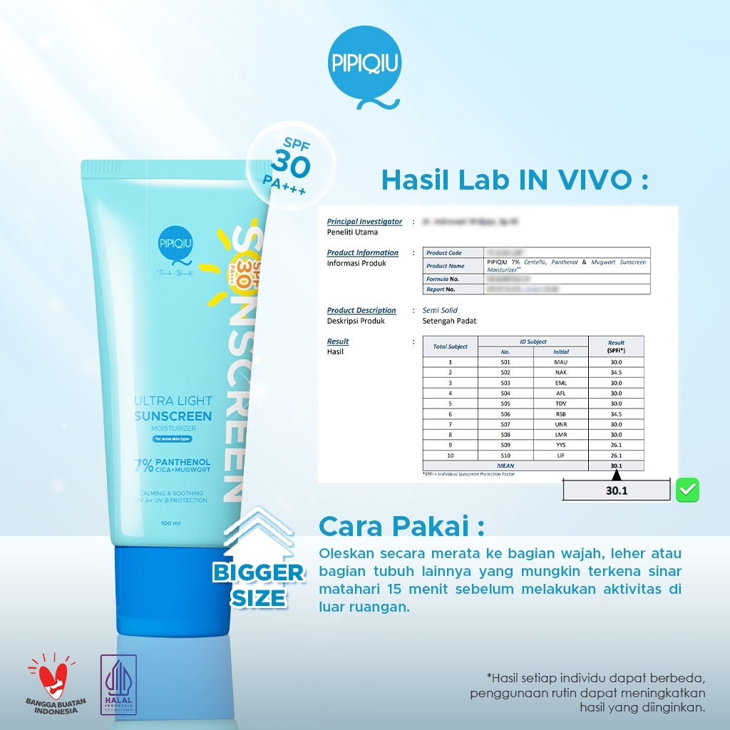 pipiqiu ultra light sunscreen 7% panthenol moisturizer calming soothing spf30 pa+++100ml/tabir surya pipiqiu ultra light sunscreen 7% panthenol moisturizer calming soothing spf30 pa+++100ml/tabir surya