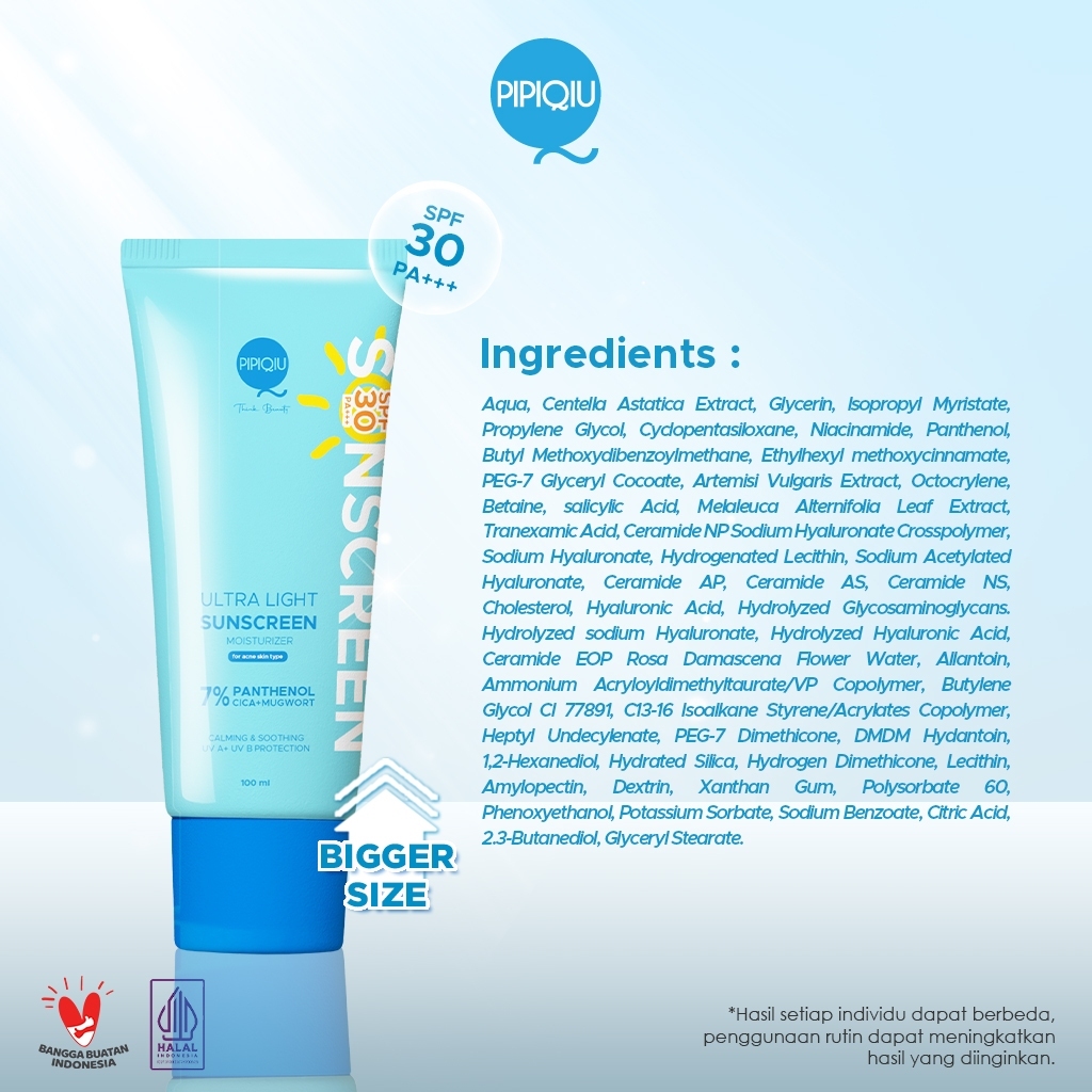 pipiqiu ultra light sunscreen 7% panthenol moisturizer calming soothing spf30 pa+++100ml/tabir surya pipiqiu ultra light sunscreen 7% panthenol moisturizer calming soothing spf30 pa+++100ml/tabir surya