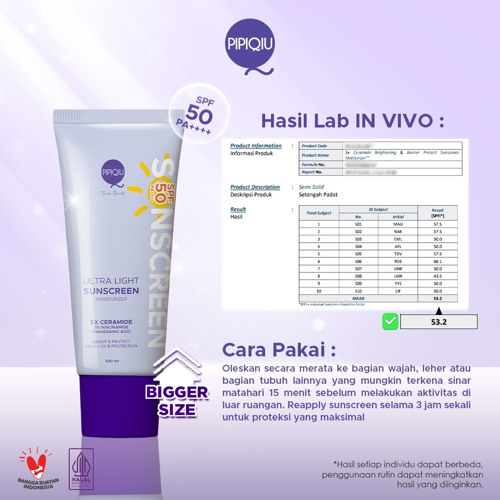 pipiqiu ultra light sunscreen 5x ceramide moisturizer bright protect spf50 pa+++ 100ml/tabir surya pipiqiu ultra light sunscreen 5x ceramide moisturizer bright protect spf50 pa+++ 100ml/tabir surya