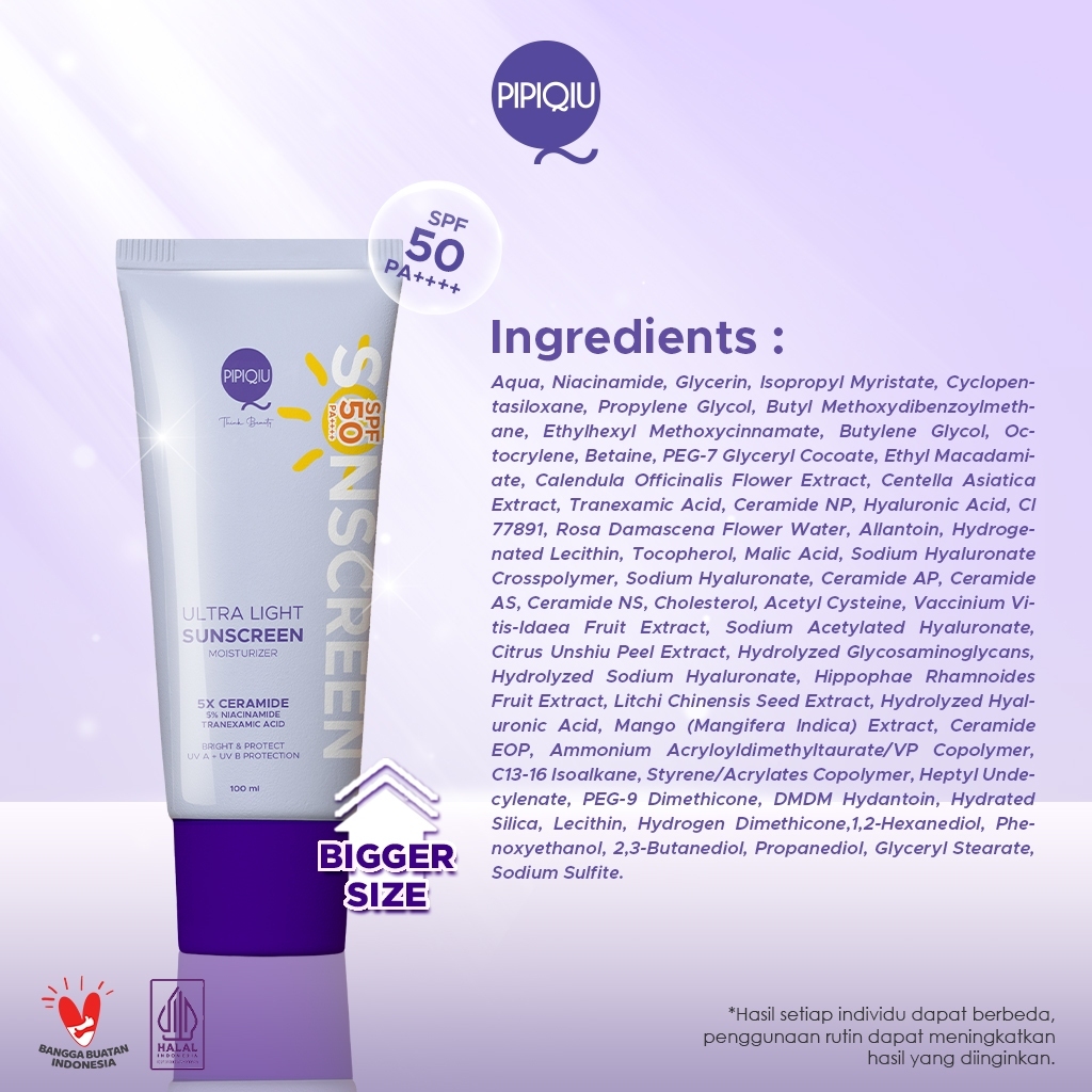 pipiqiu ultra light sunscreen 5x ceramide moisturizer bright protect spf50 pa+++ 100ml/tabir surya pipiqiu ultra light sunscreen 5x ceramide moisturizer bright protect spf50 pa+++ 100ml/tabir surya