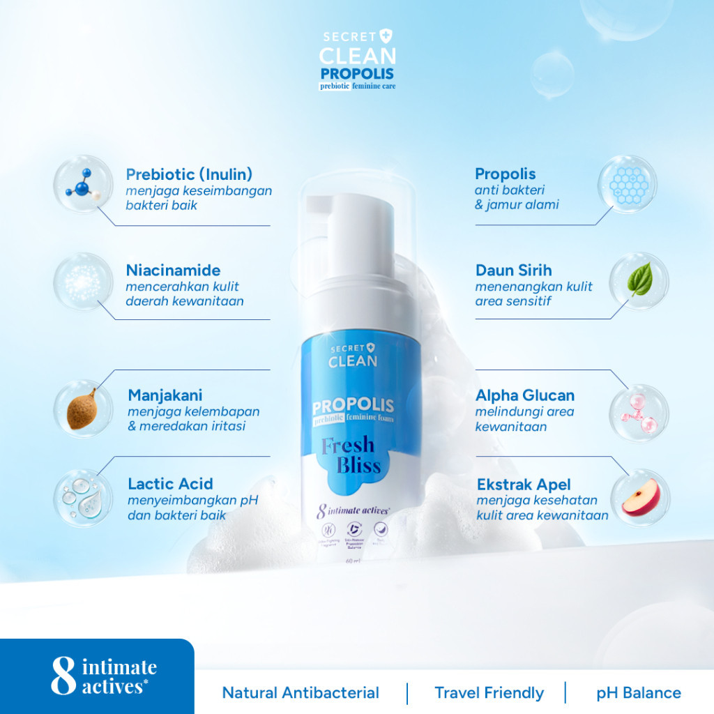 secret clean propolis prebiotic feminine foam 60ml/pembersih intim kewanitaan secret clean propolis prebiotic feminine foam 60ml/pembersih intim kewanitaan
